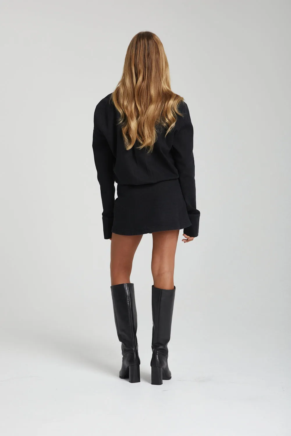 Long Sleeve Button Up Dress - Black Denim