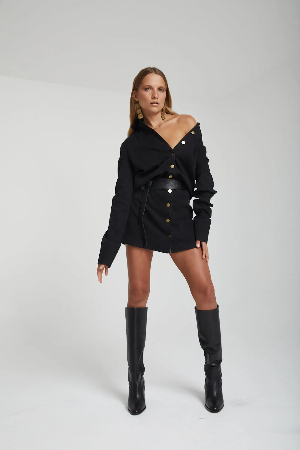 Long Sleeve Button Up Dress - Black Denim