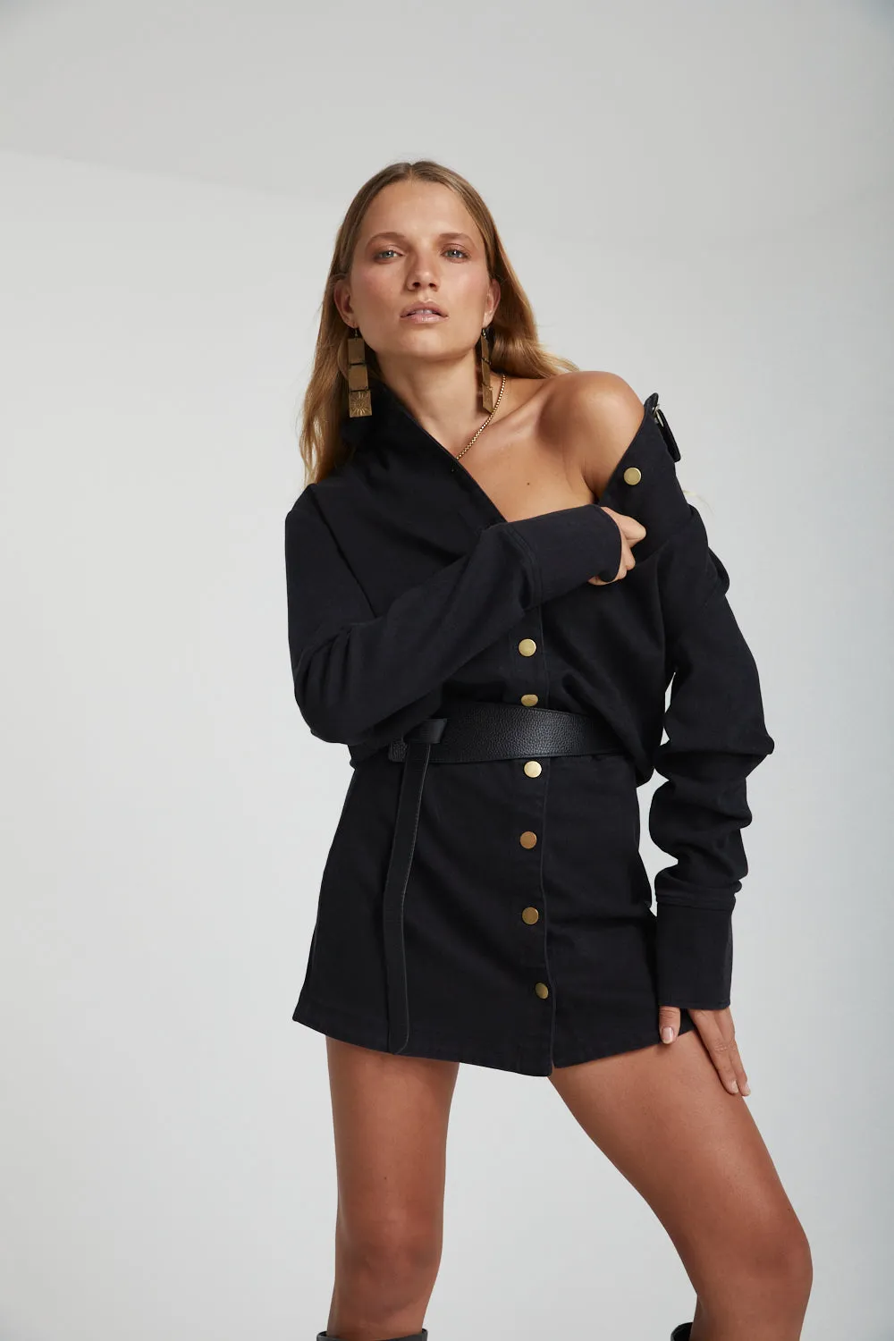 Long Sleeve Button Up Dress - Black Denim