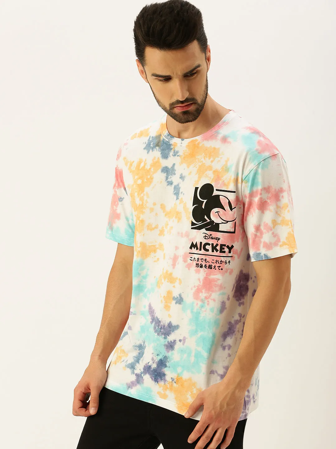 Mickey Loves Music White Oversized Tie-Die Printed Tshirt