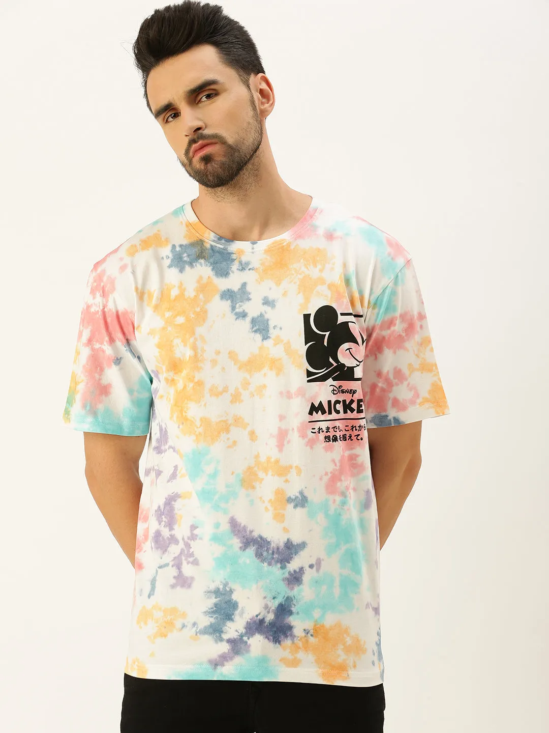 Mickey Loves Music White Oversized Tie-Die Printed Tshirt