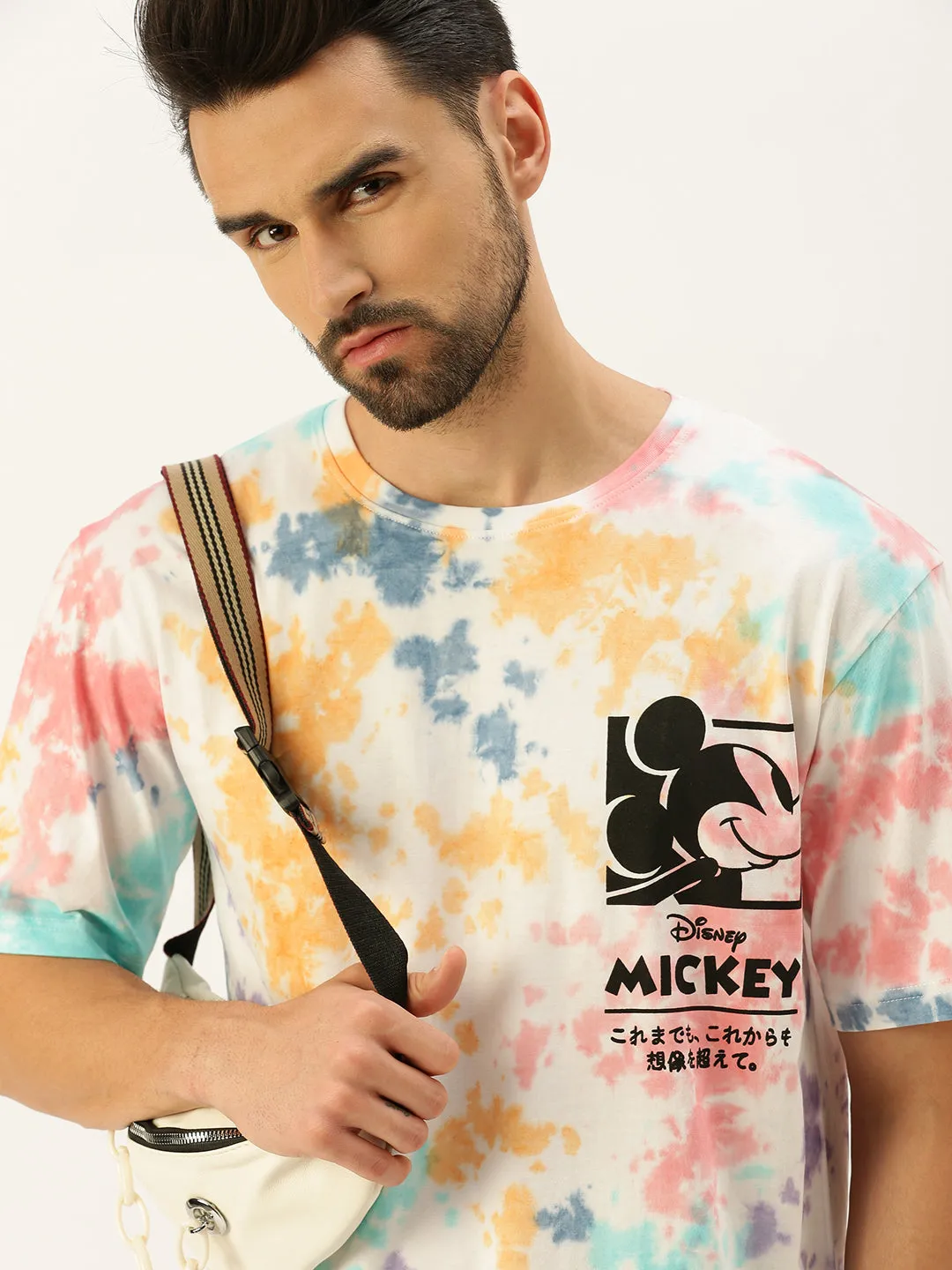 Mickey Loves Music White Oversized Tie-Die Printed Tshirt