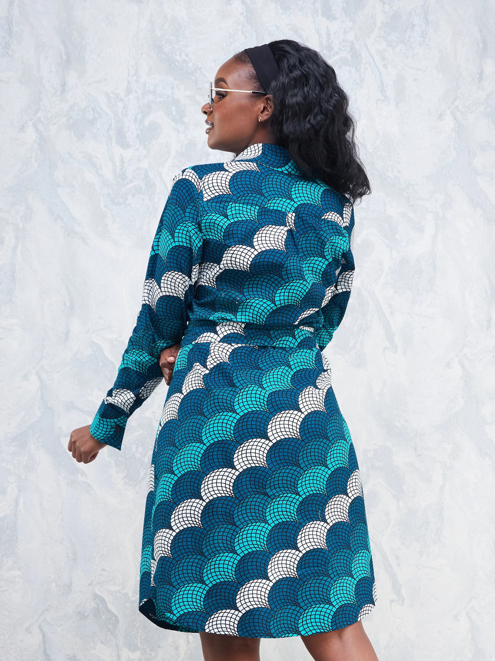 Nimali Long Sleeve Shirt Dress - Sea Green / Teal Abstract Ankara