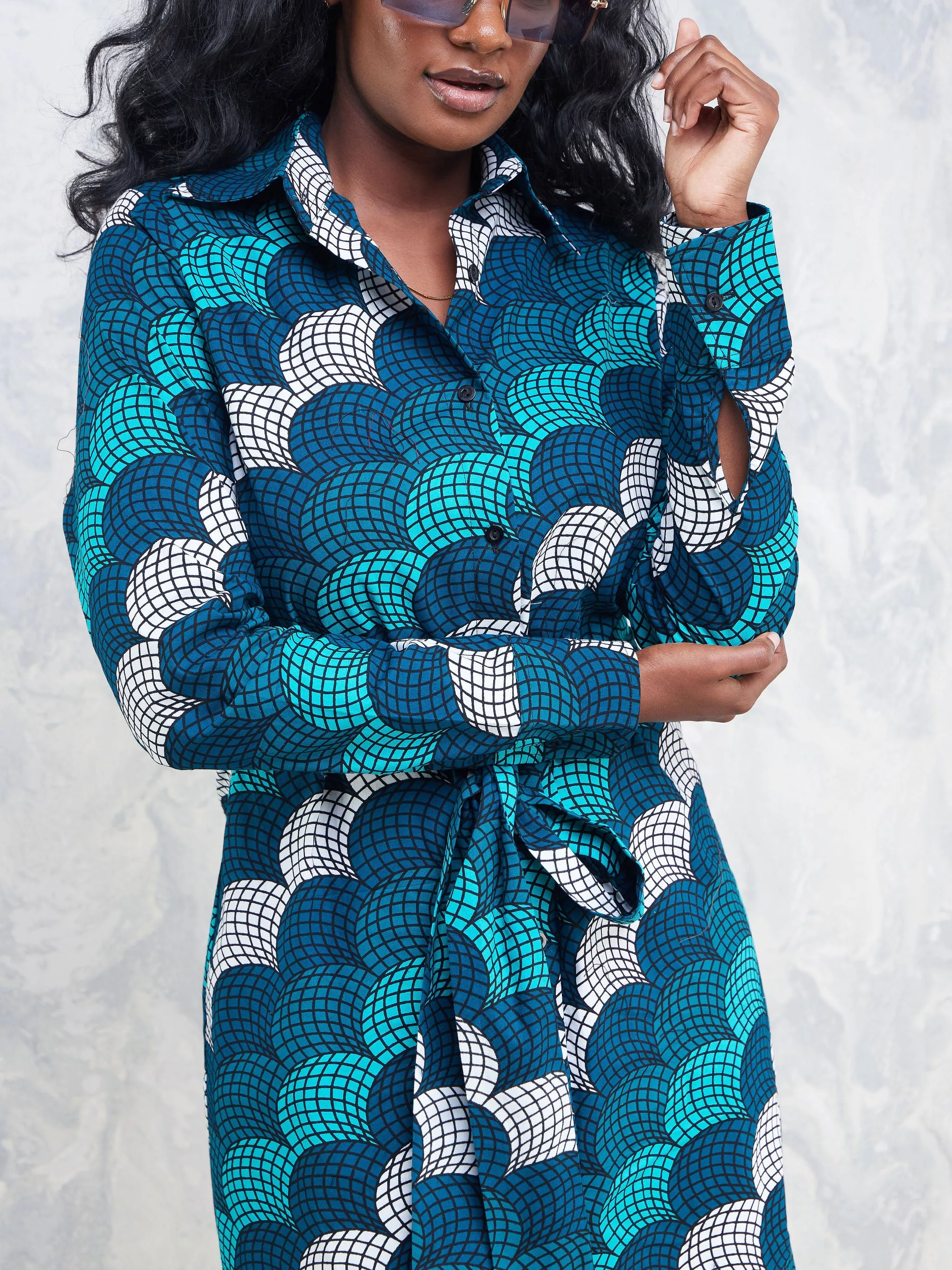 Nimali Long Sleeve Shirt Dress - Sea Green / Teal Abstract Ankara