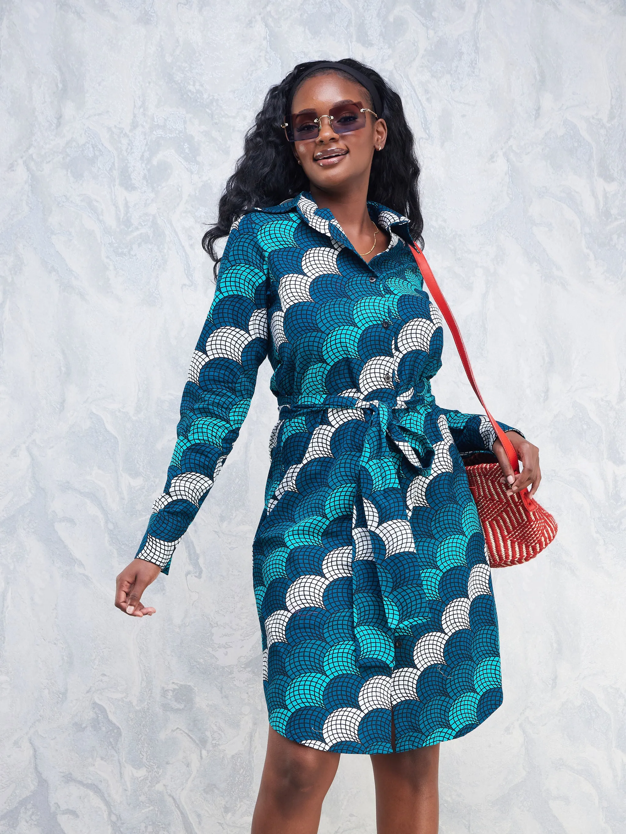 Nimali Long Sleeve Shirt Dress - Sea Green / Teal Abstract Ankara