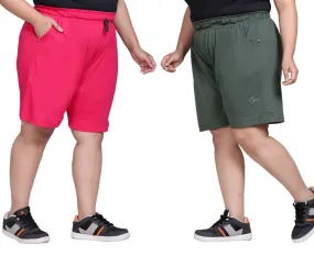 Plus Size Cotton Shorts For Women - Plain Bermuda Combo (Olive Green & Pink)