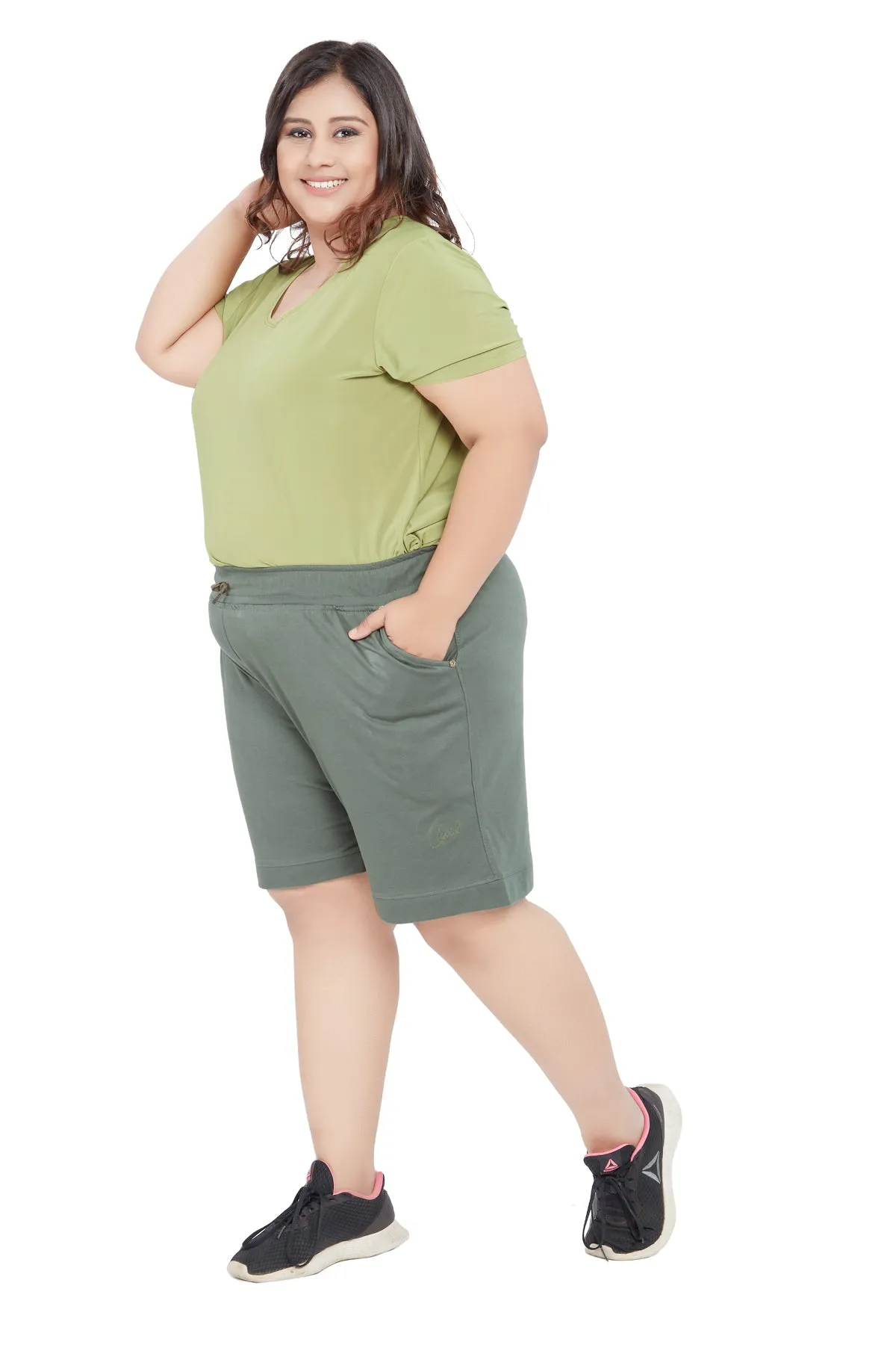 Plus Size Cotton Shorts For Women - Plain Bermuda Combo (Olive Green & Purple)