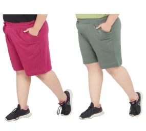 Plus Size Cotton Shorts For Women - Plain Bermuda Combo (Olive Green & Purple)