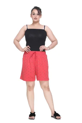 Plus Size Cotton Shorts For Women - Printed Bermuda - Coral Red