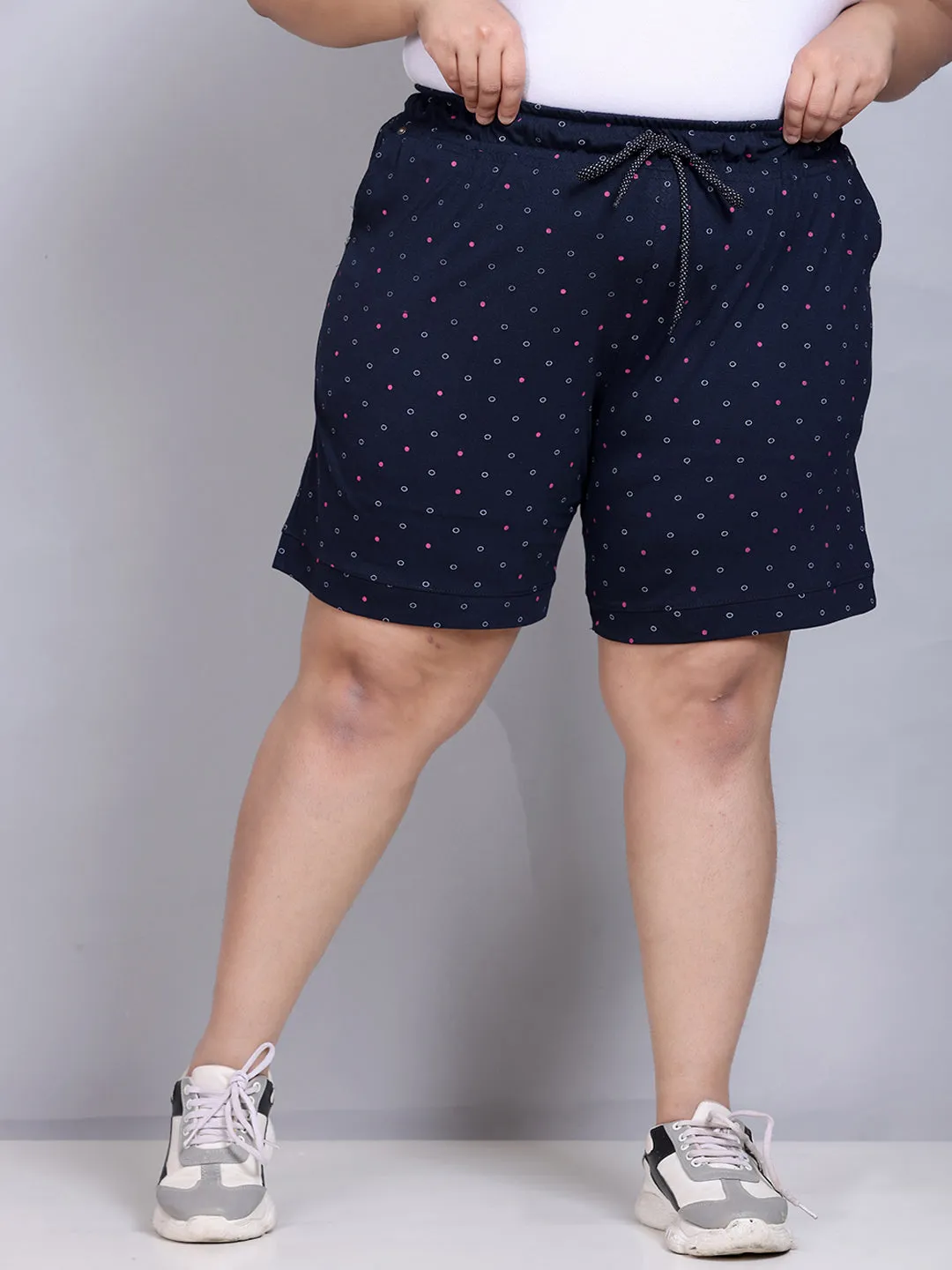 Plus Size Cotton Shorts For Women - Printed Bermuda - Navy Blue