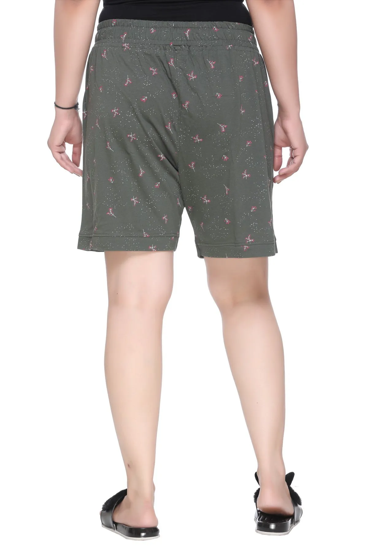 Plus Size Cotton Shorts For Women - Printed Bermuda - Olive Green