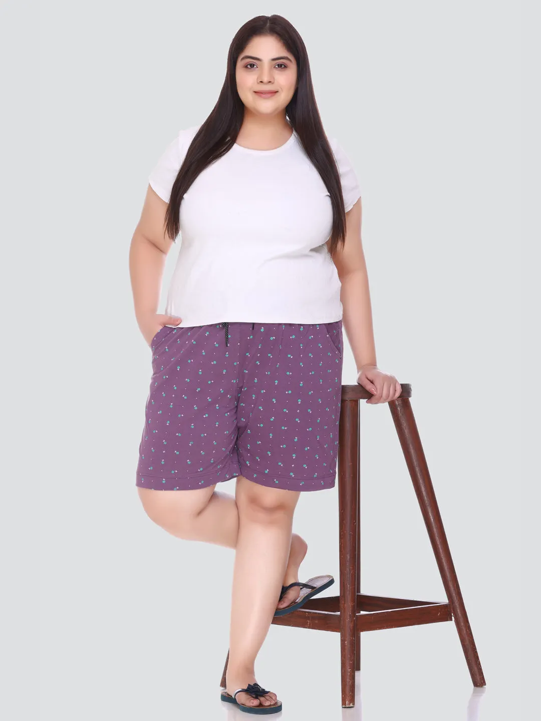 Plus Size Cotton Shorts For Women - Printed Bermuda - Purple