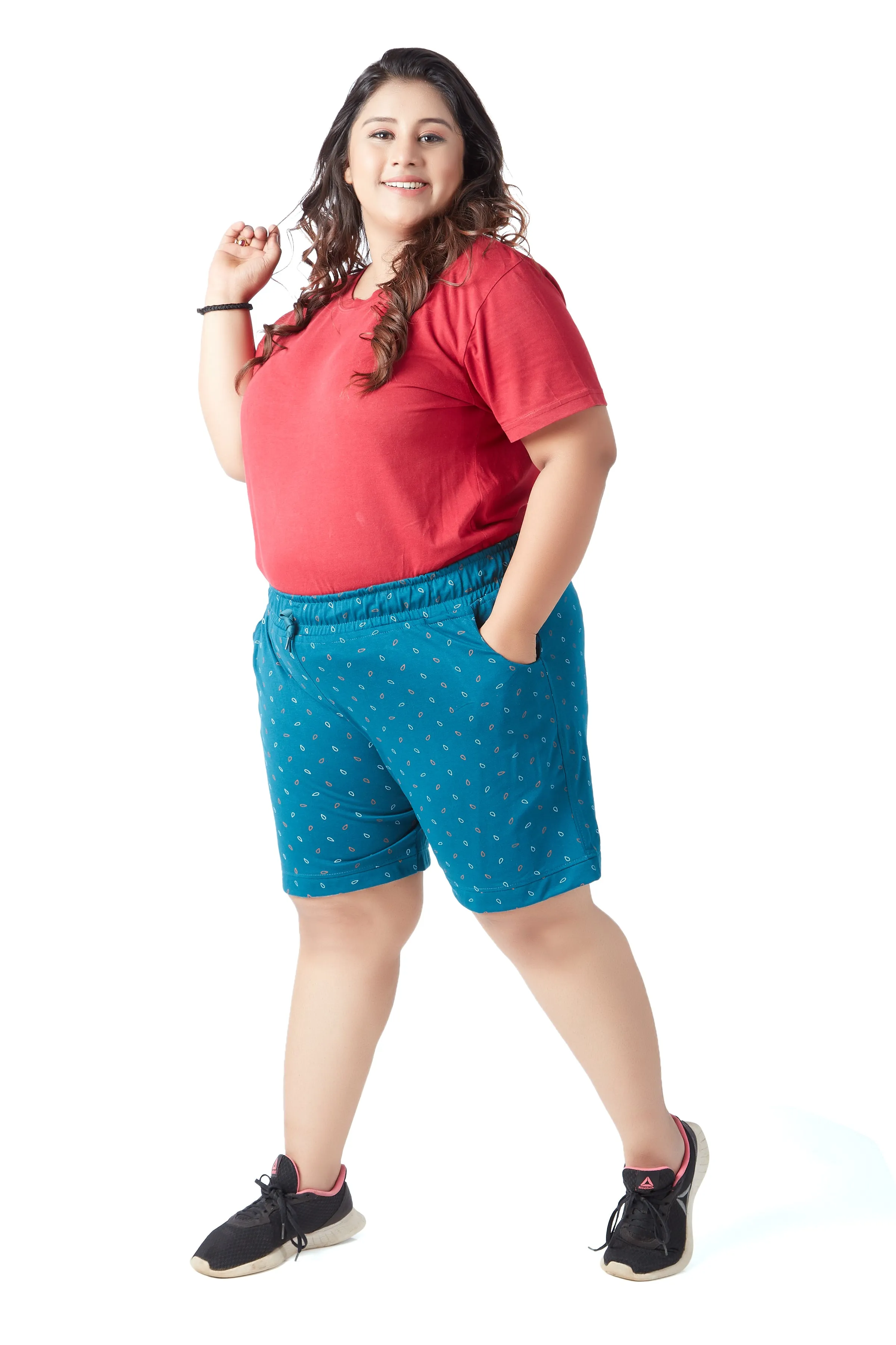 Plus Size Cotton Shorts For Women - Printed Bermuda - Teal Blue