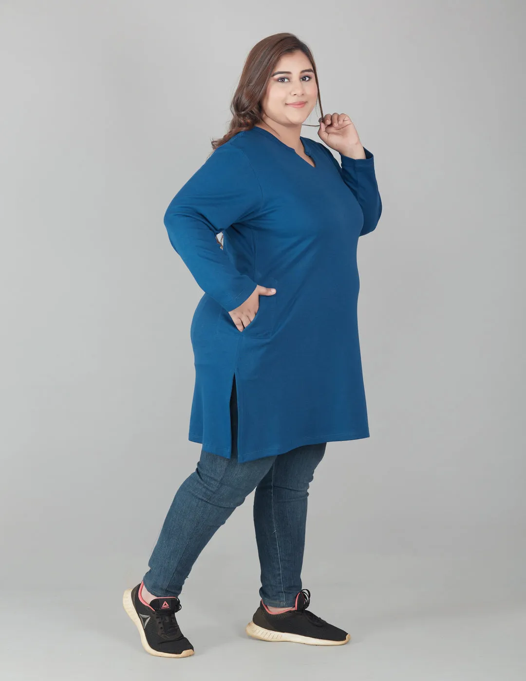 Plus Size Full Sleeves Long Top For Women - Blue