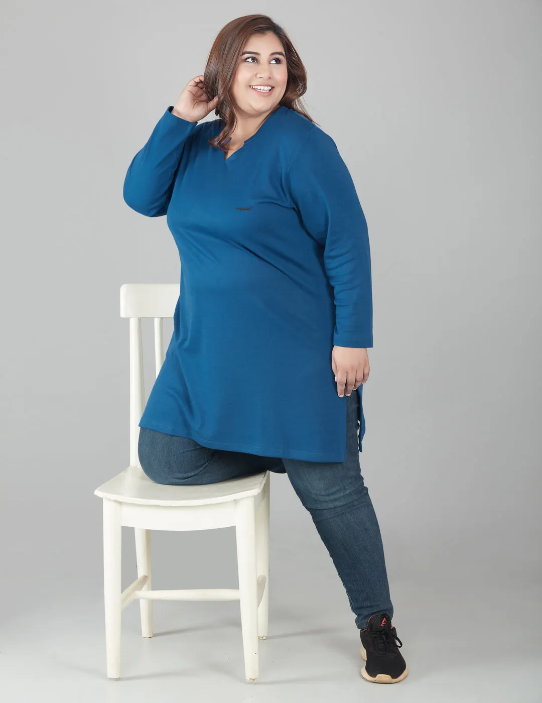 Plus Size Full Sleeves Long Top For Women - Blue