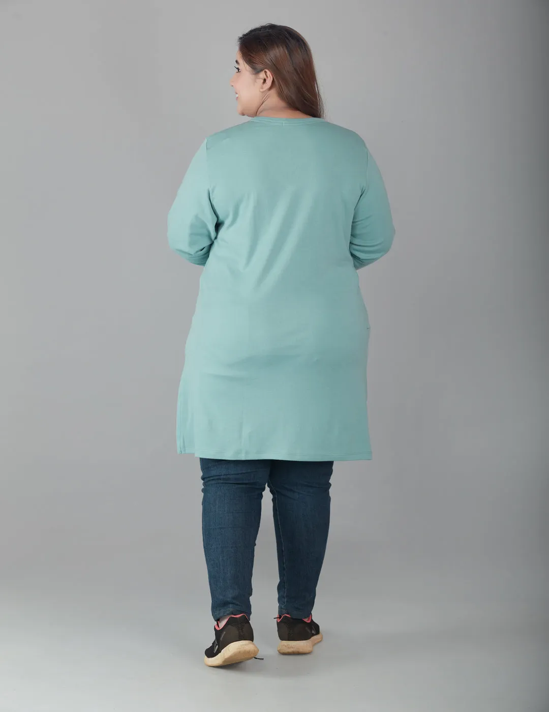 Plus Size Full Sleeves Long Top For Women - Sage