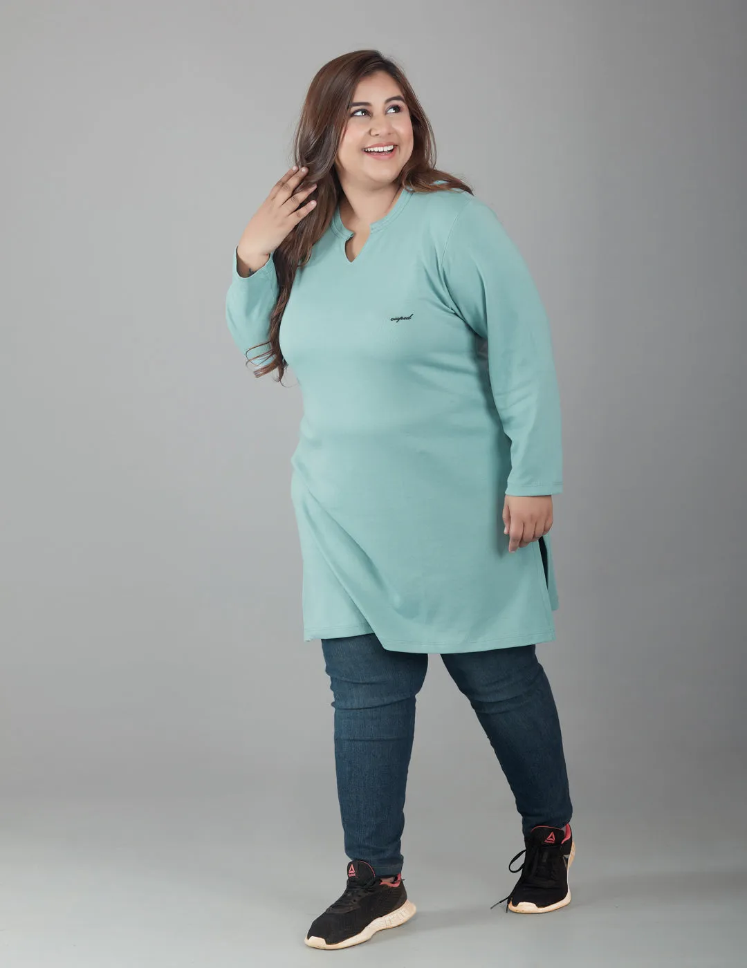 Plus Size Full Sleeves Long Top For Women - Sage