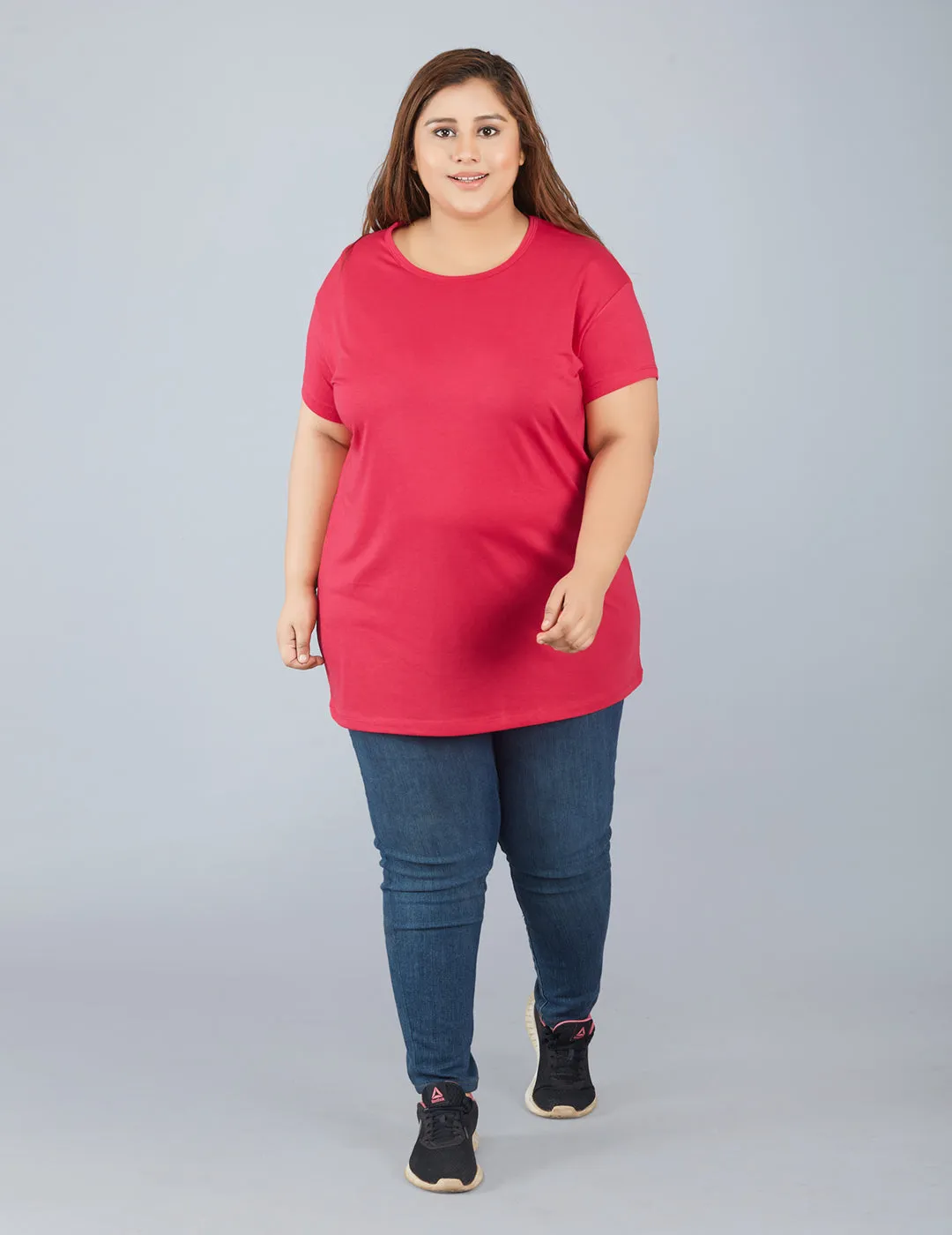 Plus Size Plain Cotton T-Shirt For Women - Pink