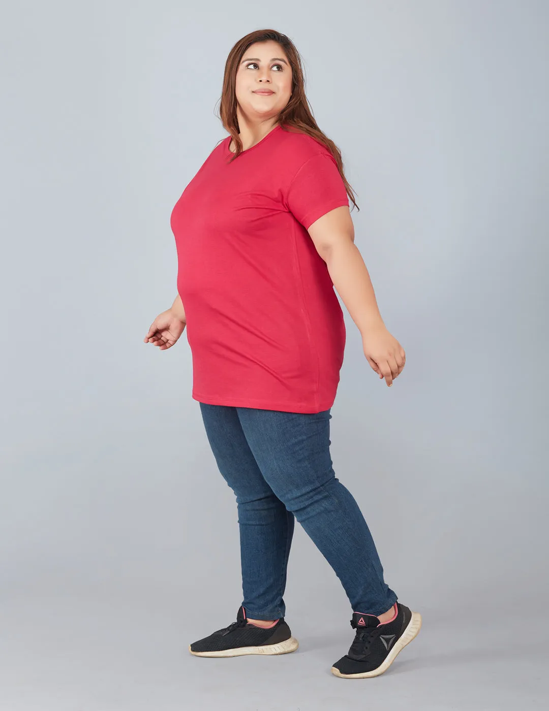 Plus Size Plain Cotton T-Shirt For Women - Pink