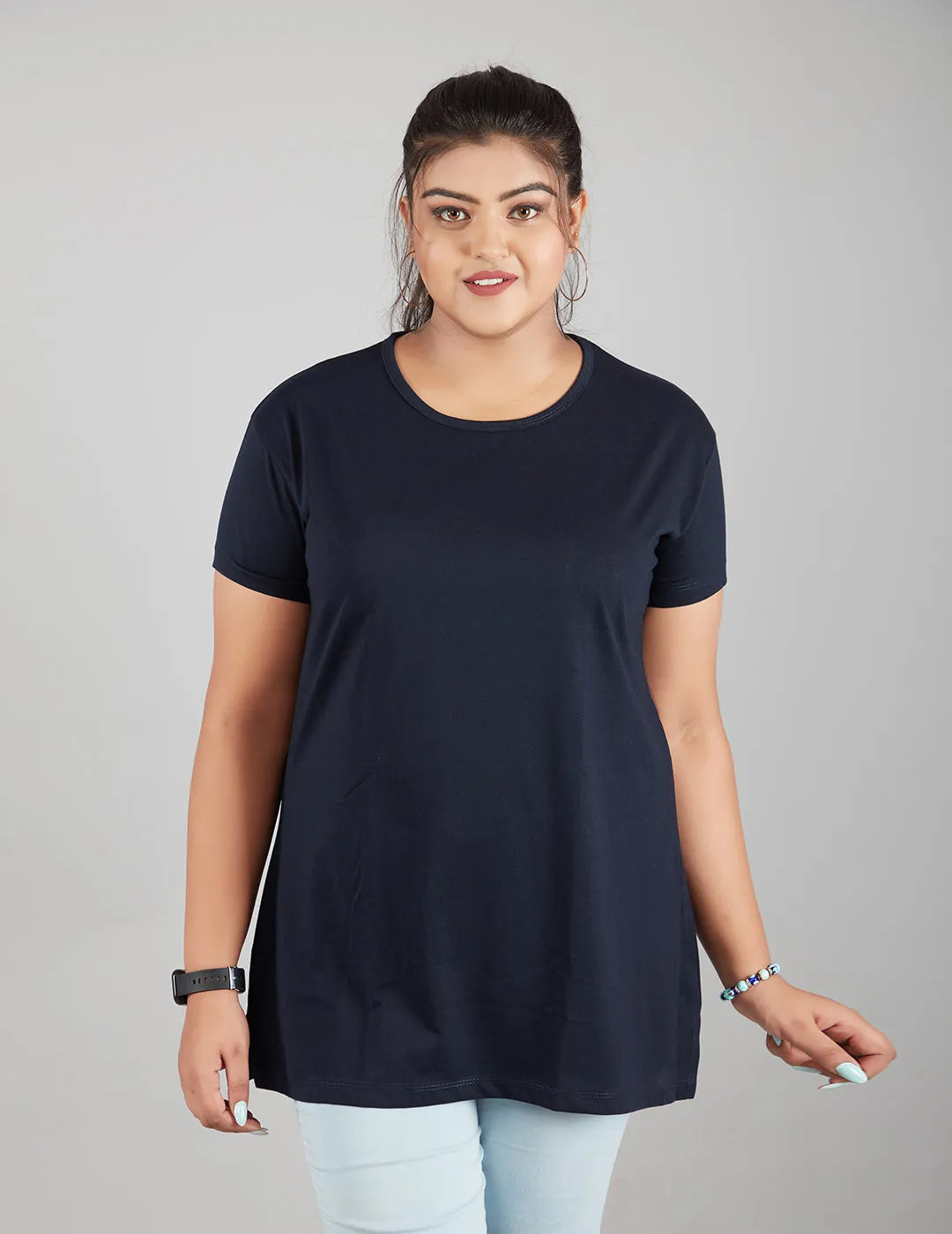 Plus Size Plain Cotton T-Shirts For Women Pack of 2 (Navy Blue & Bottle Green)