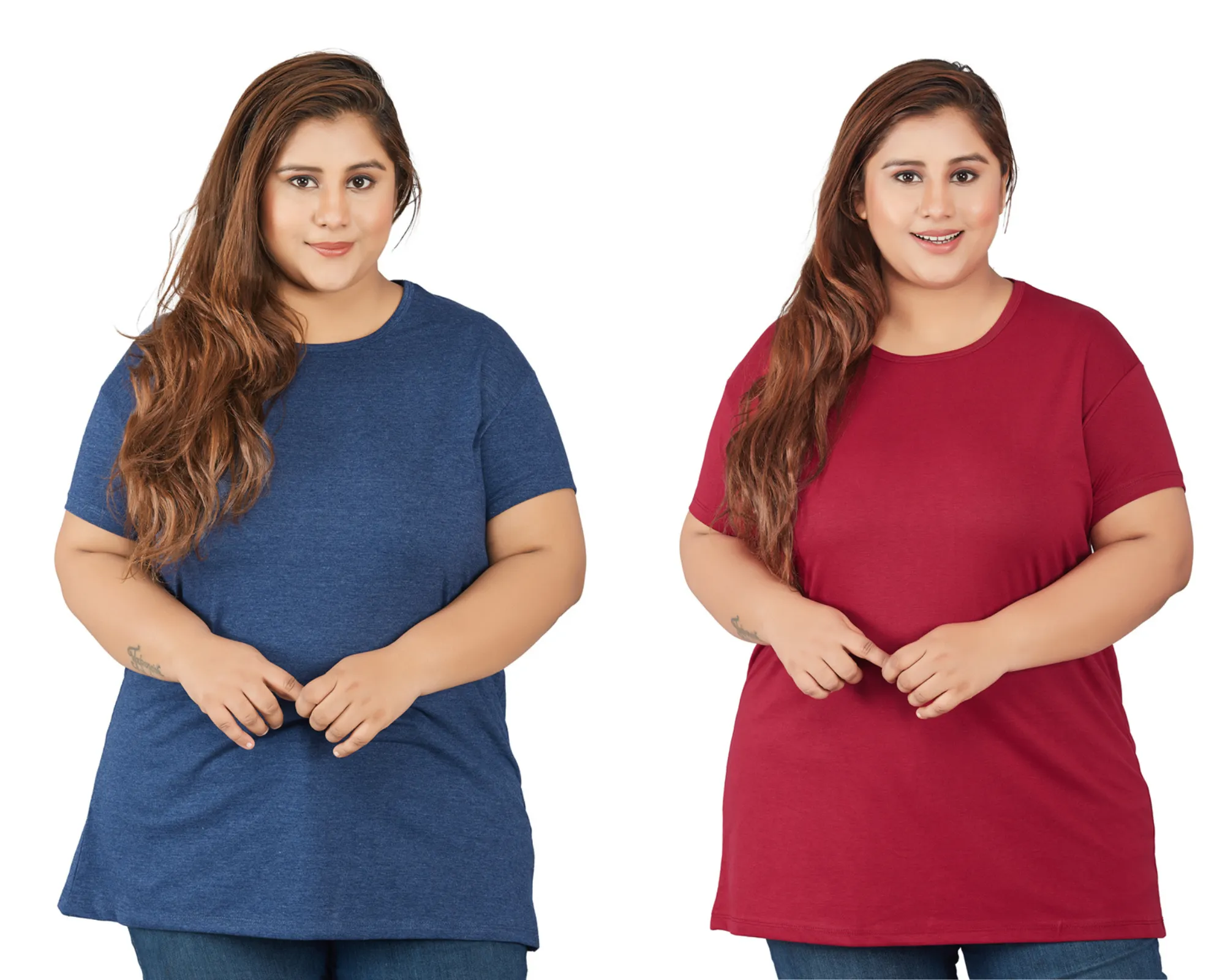 Plus Size Plain Cotton T-Shirts For Women Pack of 2 (Plum & Mix Navy)