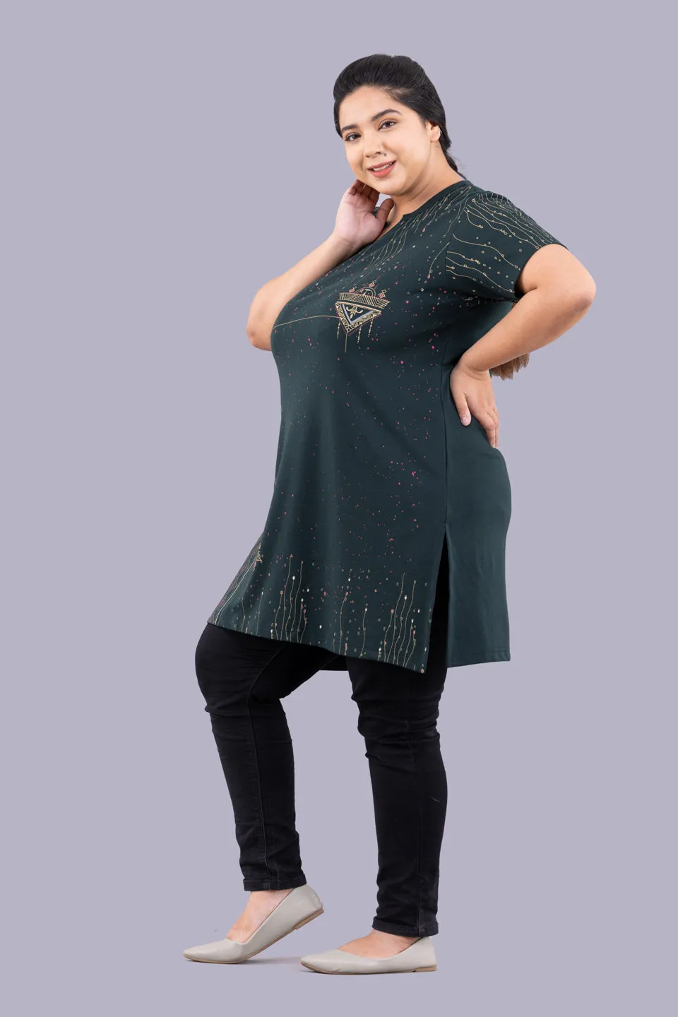 Plus Size Printed Long Tops For Women Half Sleeves - Bottle Green