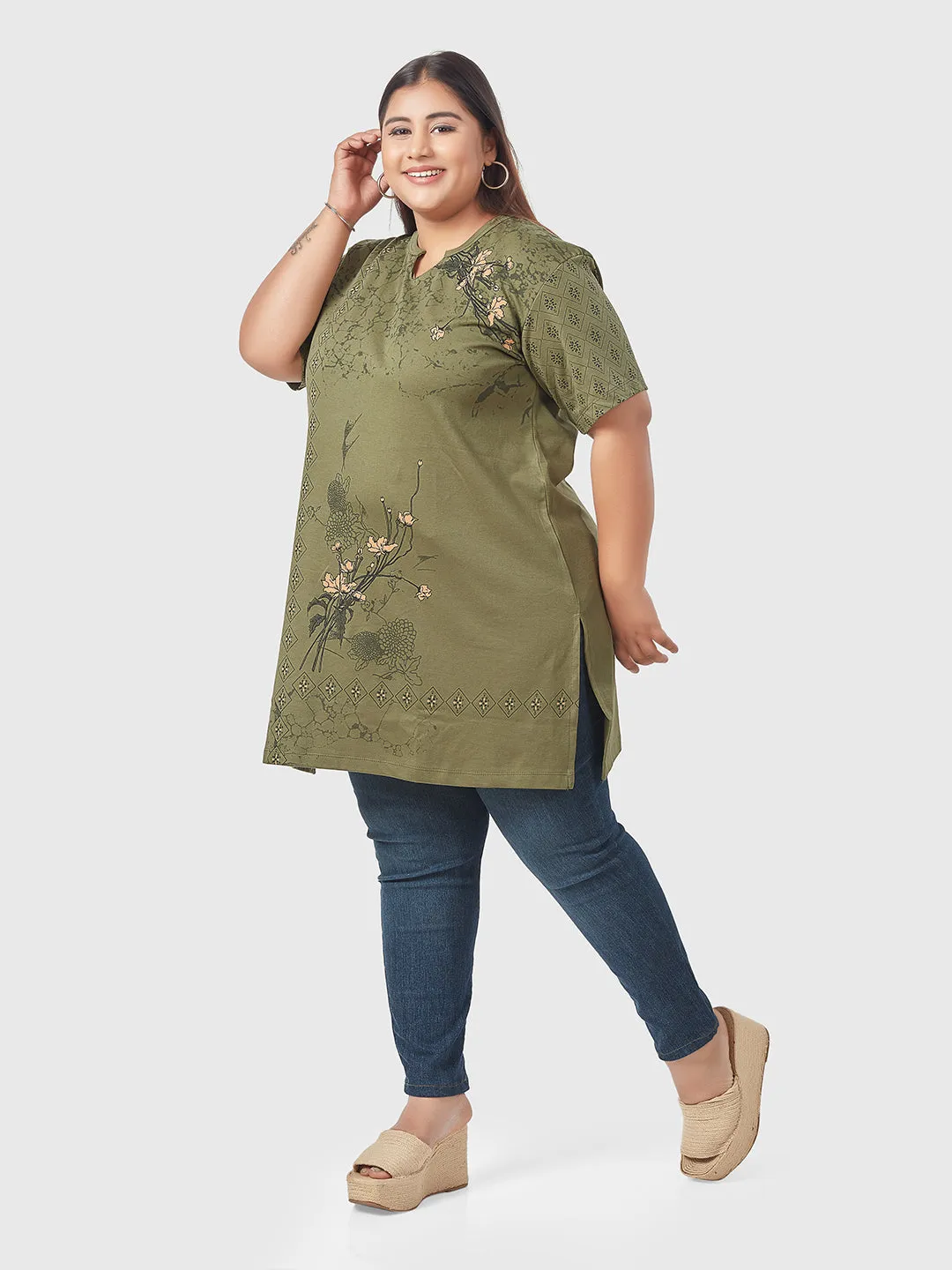 Plus Size Printed Long Tops For Women Half Sleeves - Olive Green