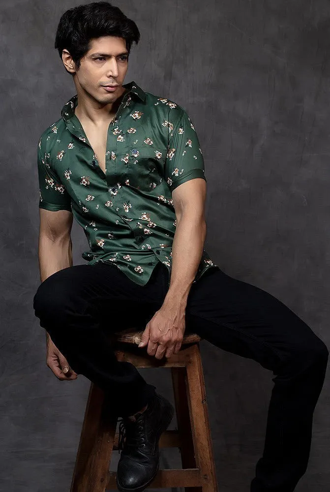 Printed Half Sleeve Shirt - Men Cotton Green Printed Shirt