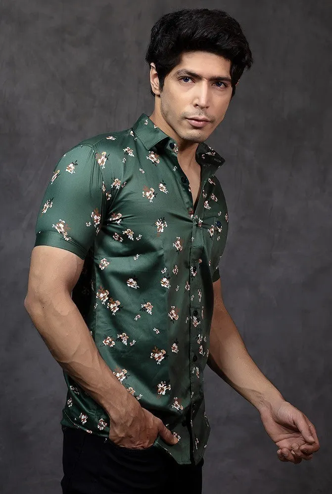 Printed Half Sleeve Shirt - Men Cotton Green Printed Shirt