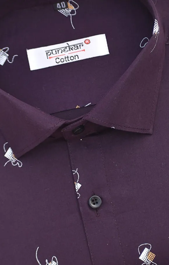 Punekar Cotton Printed Dark Purple Color Pure Cotton Handmade Shirt For Men's.