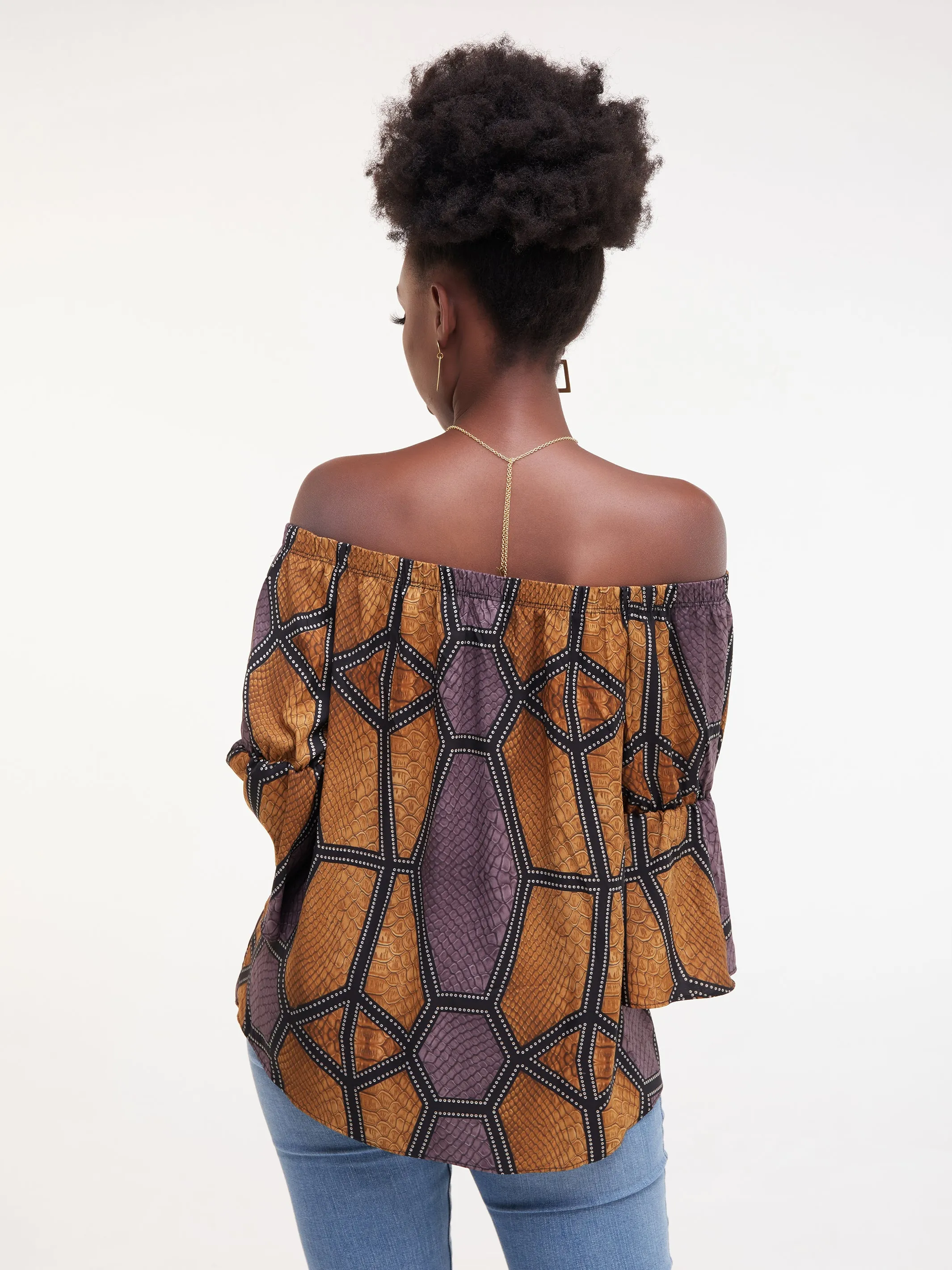 Safari Ayana Off Shoulder 3/4 Sleeved Top - Mustard / Purple Print