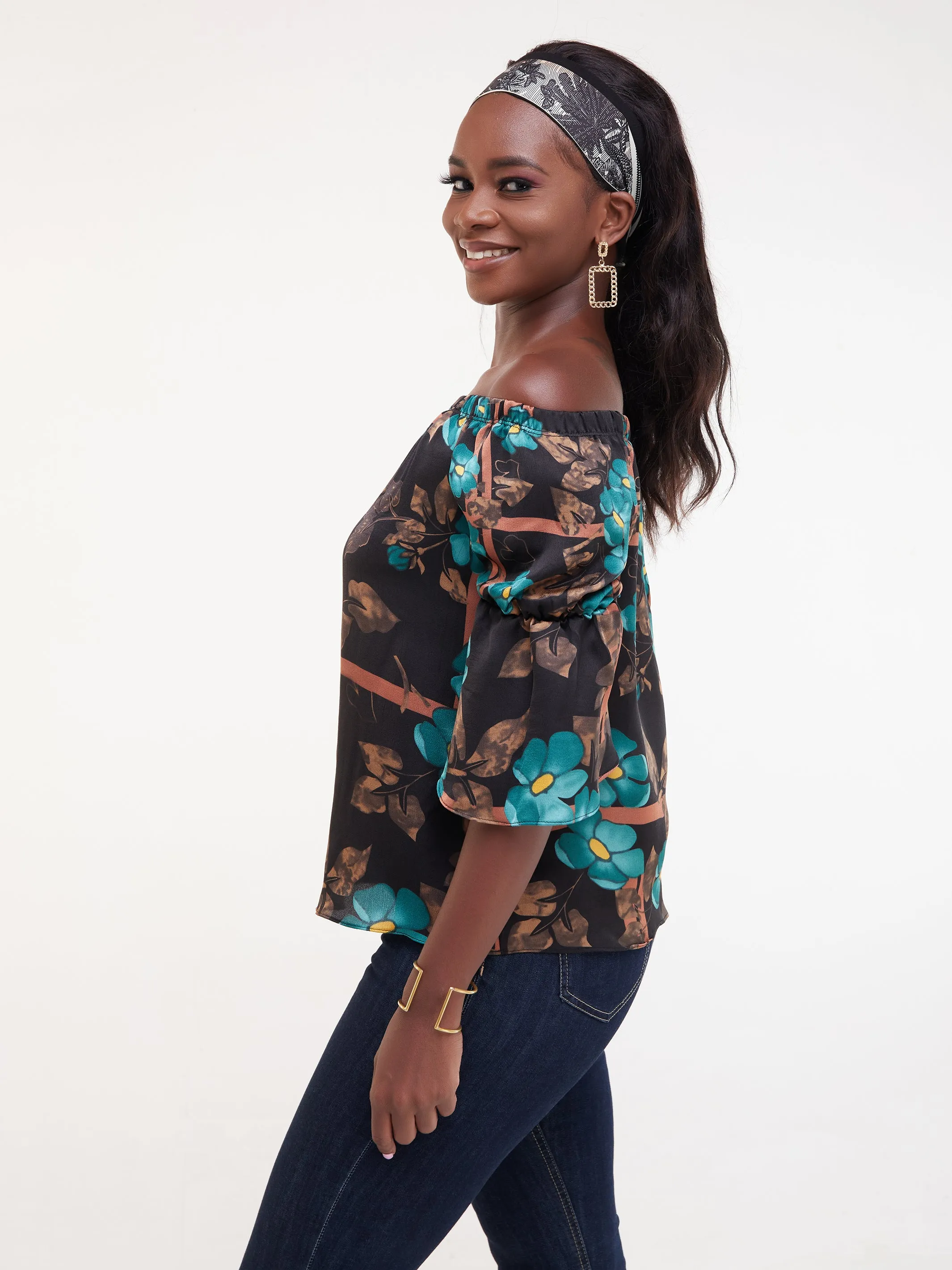 Safari Ayana Off Shoulder 3/4 Sleeved Top - Sea Green / Black Print