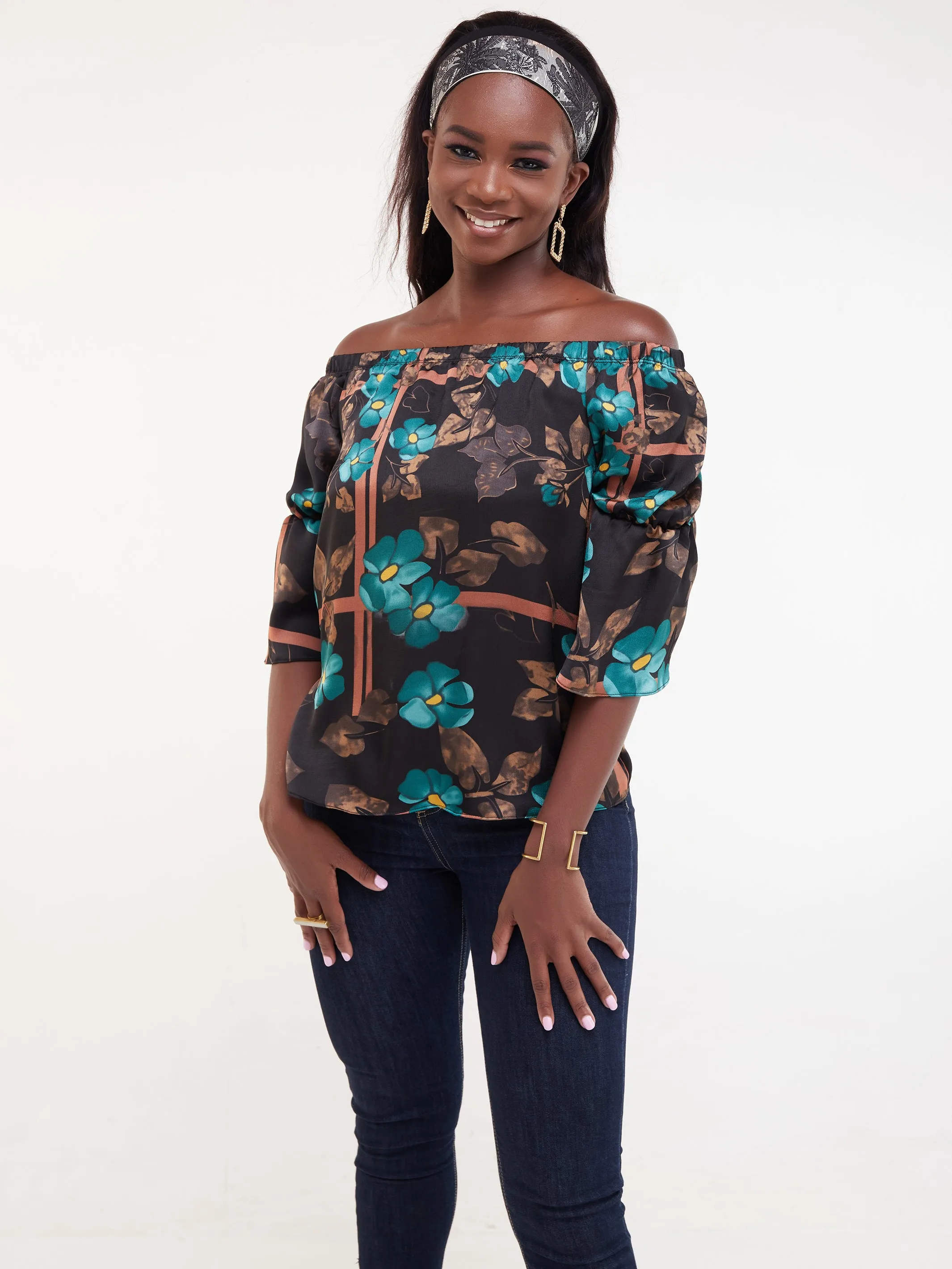 Safari Ayana Off Shoulder 3/4 Sleeved Top - Sea Green / Black Print