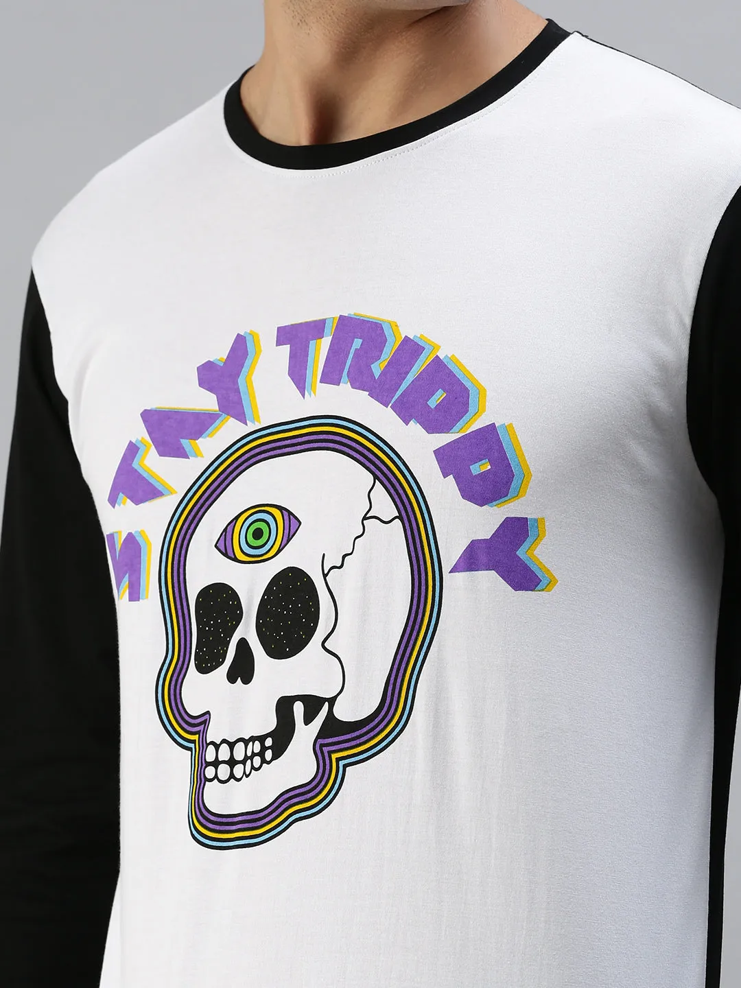 Skeleton Stay Trippy White Front Graphic Printed Tshirt