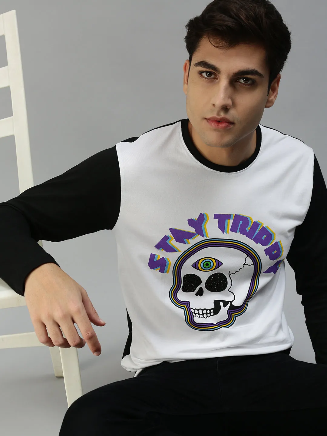 Skeleton Stay Trippy White Front Graphic Printed Tshirt