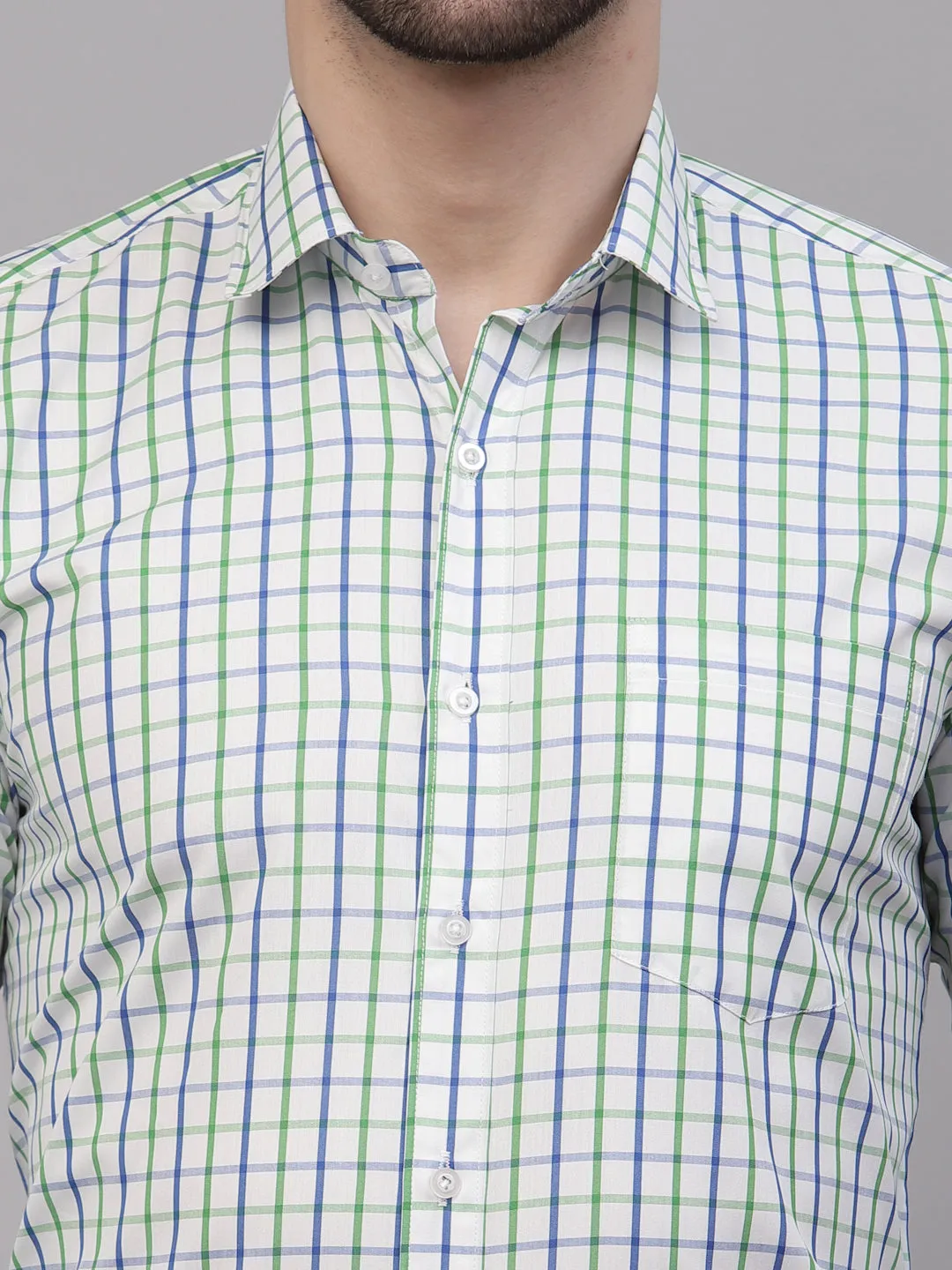 Style Quotient Men White And Green  Checks Yarn Dyed PolyCotton Regular Formal Shirt