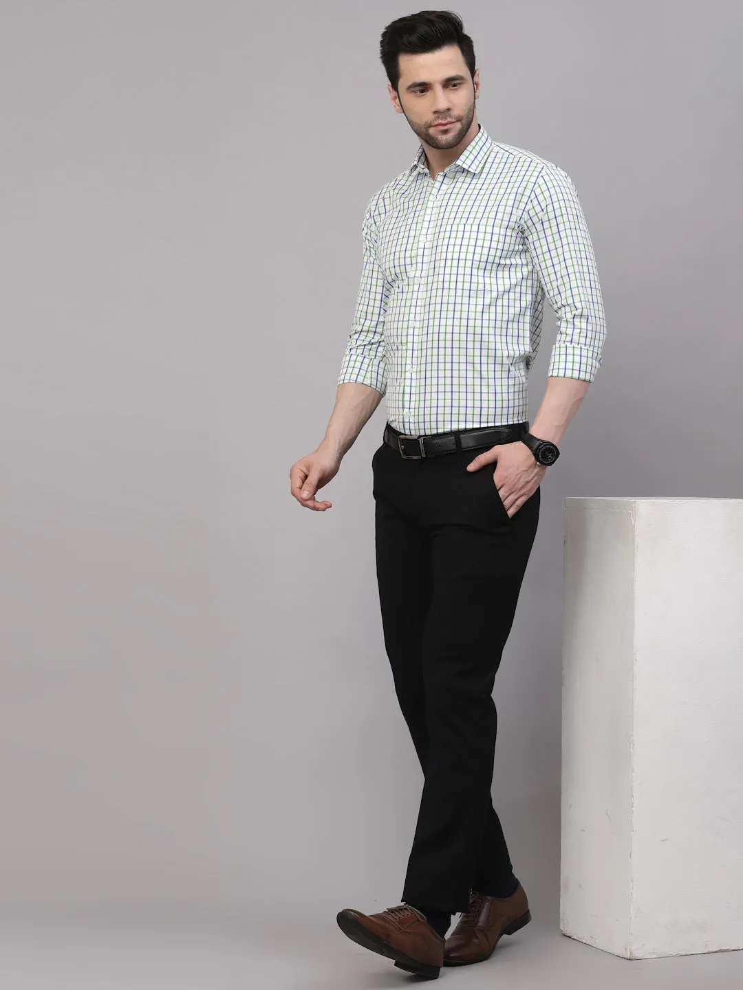 Style Quotient Men White And Green  Checks Yarn Dyed PolyCotton Regular Formal Shirt