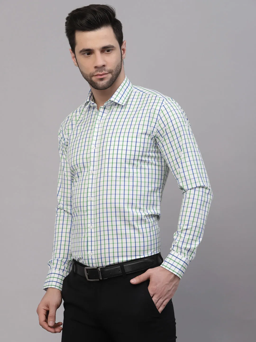 Style Quotient Men White And Green  Checks Yarn Dyed PolyCotton Regular Formal Shirt