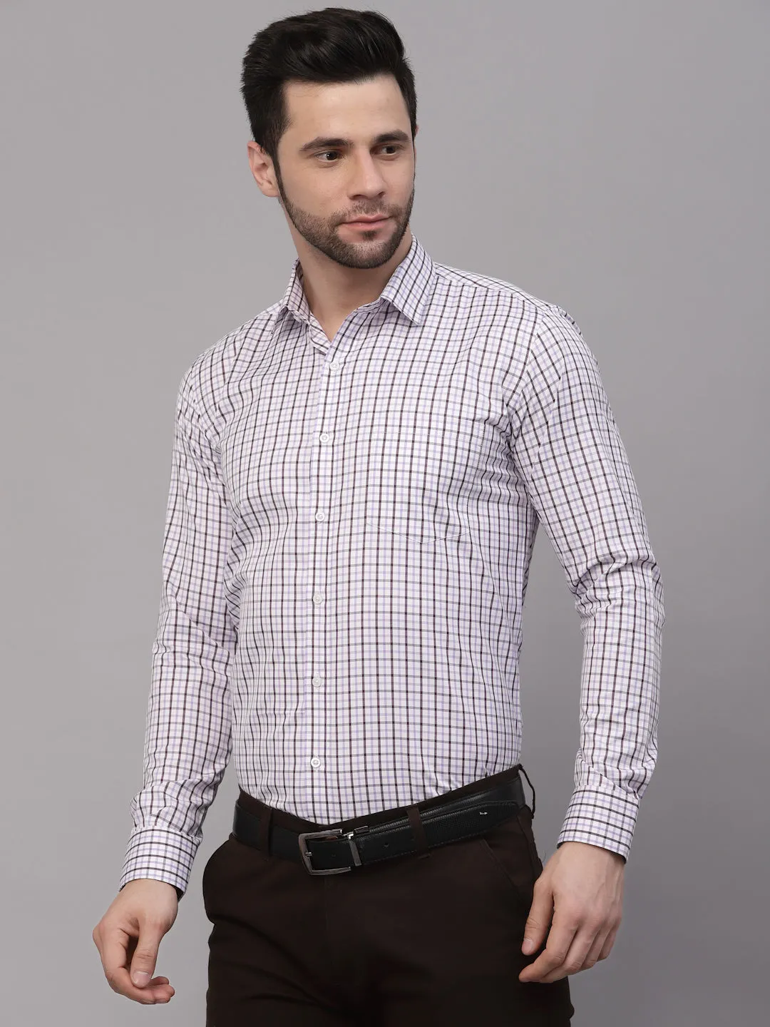 Style Quotient Men White And Purple  Checks Yarn Dyed PolyCotton Regular Formal Shirt