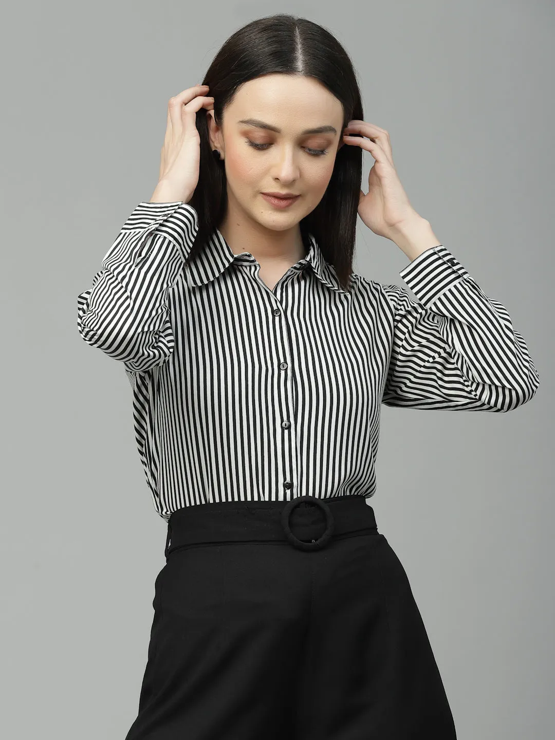 Style Quotient Women Black And White Stripe Polyester Regular Semi Formal Shirt