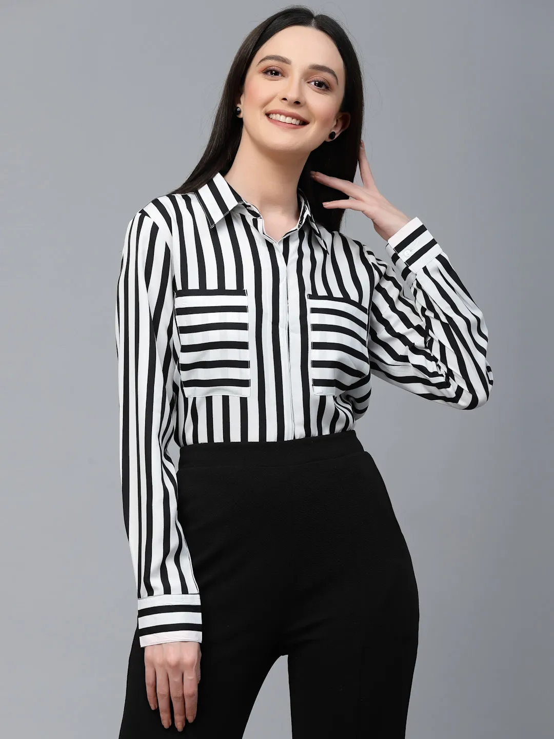 Style Quotient Women Black And White Stripe Polyester Regular Semi Formal Shirt