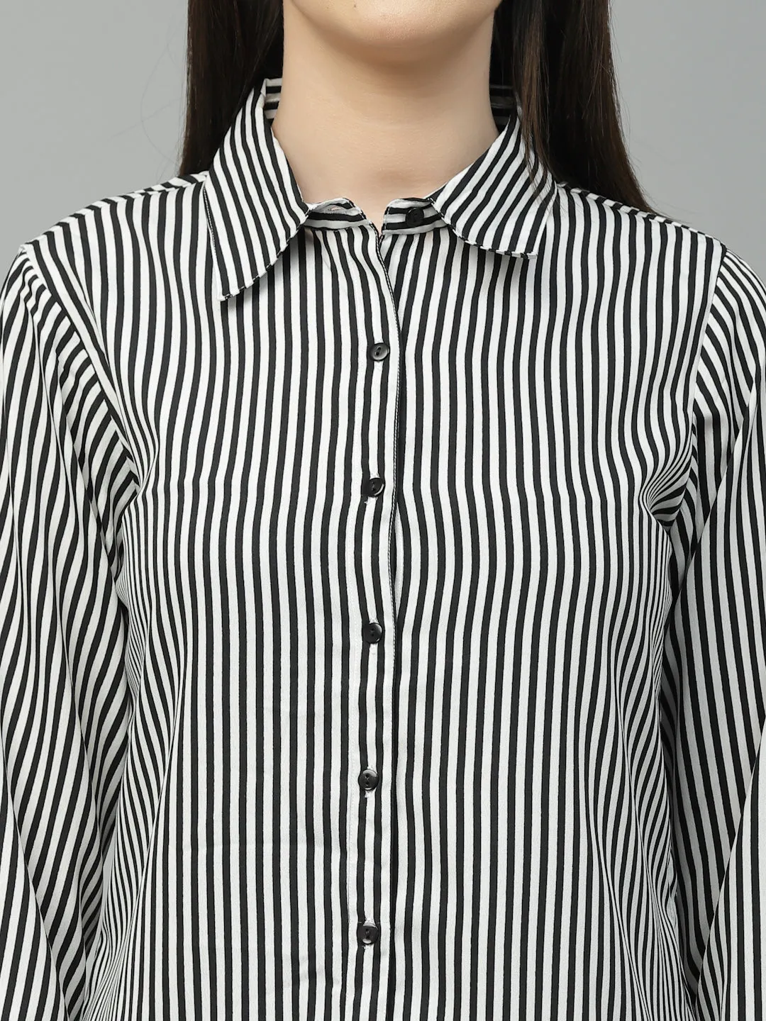 Style Quotient Women Black And White Stripe Polyester Regular Semi Formal Shirt