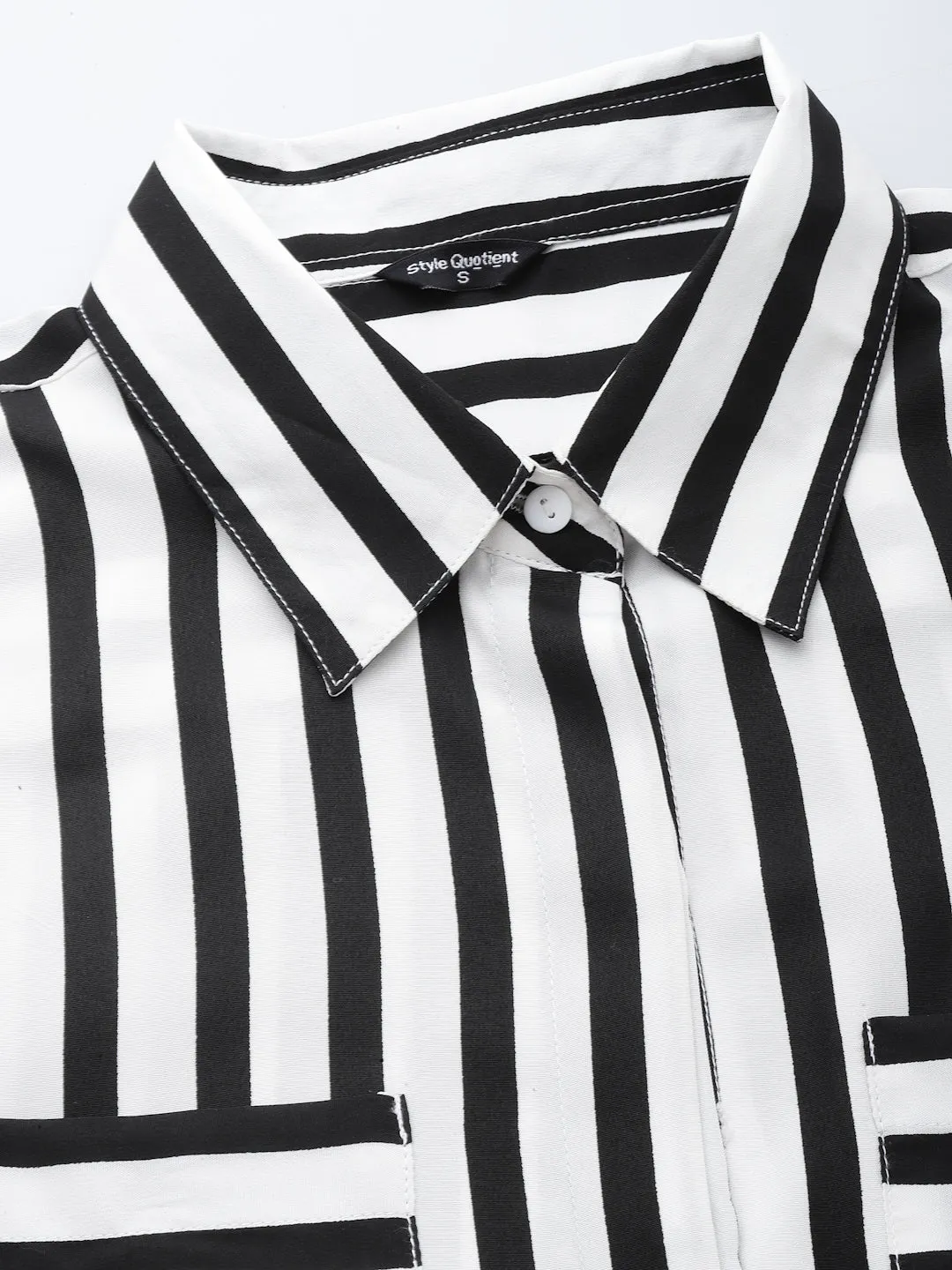 Style Quotient Women Black And White Stripe Polyester Regular Semi Formal Shirt