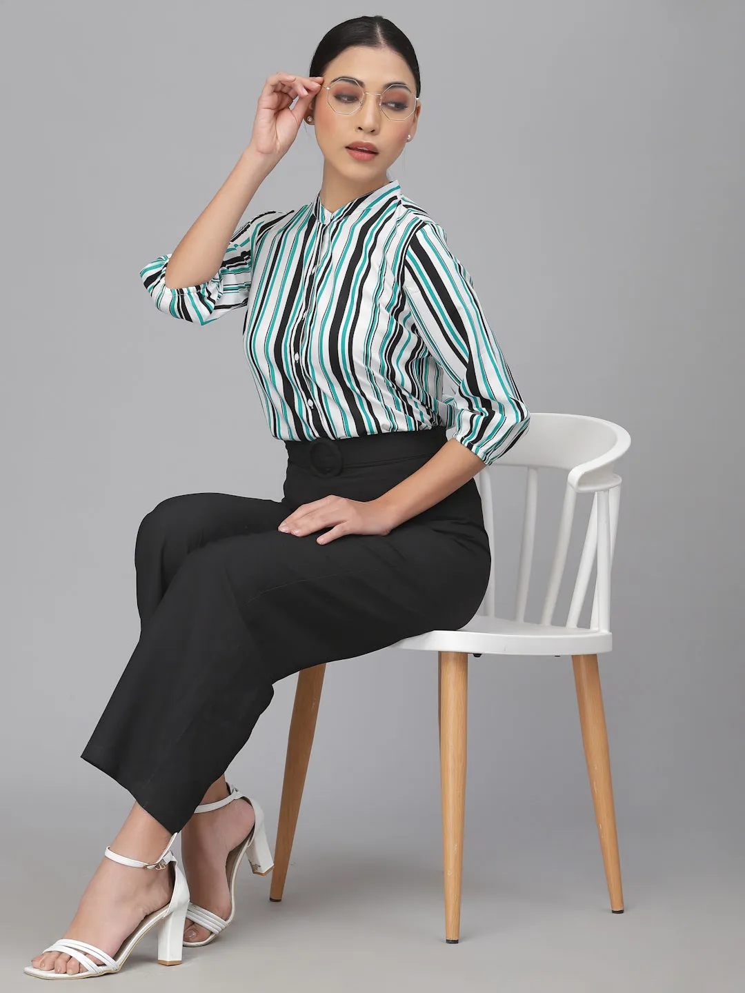 Style Quotient Women Green Smart Striped Formal Shirt