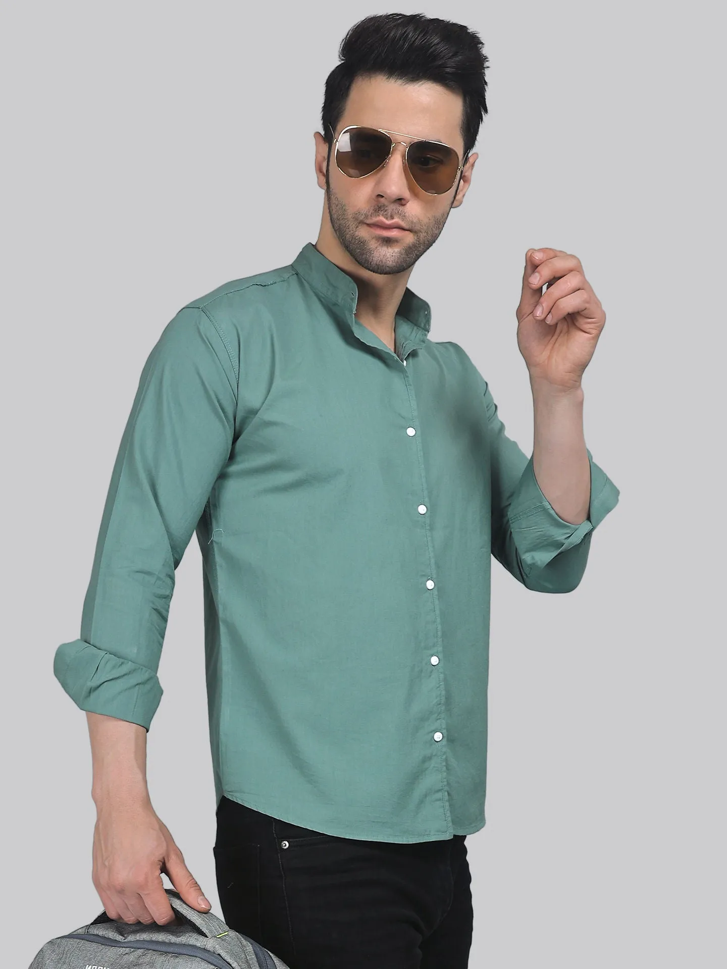 Tribal-fusion TryBuy Premium Mint-Green Cotton Button-Up Shirt For Men