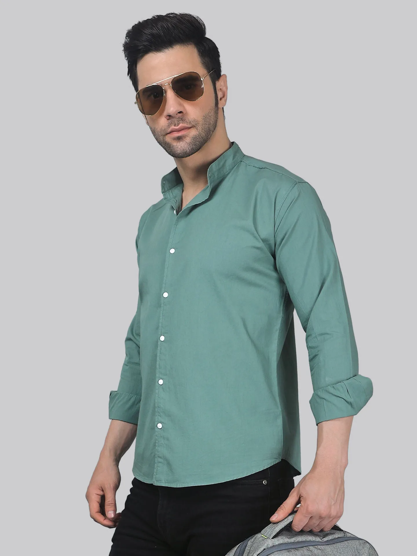 Tribal-fusion TryBuy Premium Mint-Green Cotton Button-Up Shirt For Men