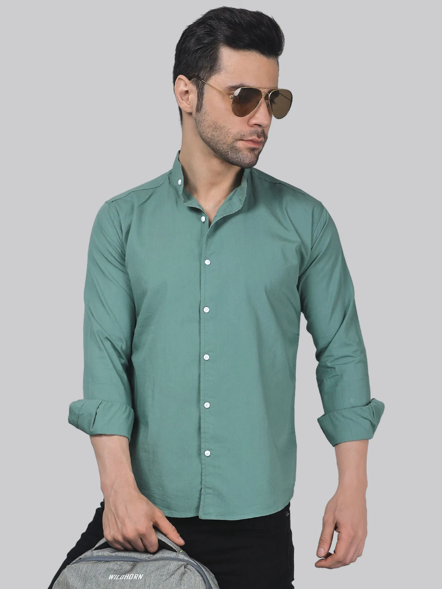 Tribal-fusion TryBuy Premium Mint-Green Cotton Button-Up Shirt For Men