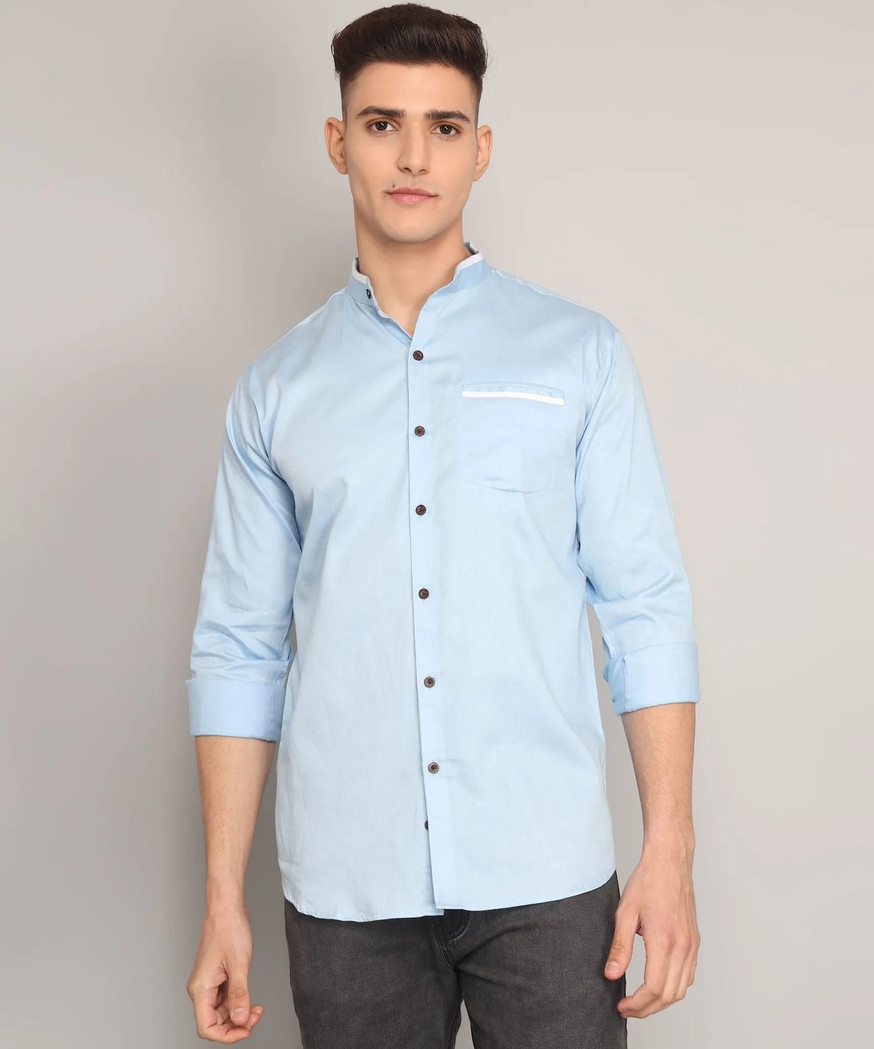 TryBuy Premium Fashionable Full Sleeves Mandarin Collar Sky Blue Cotton Button-Up Shirt for Men