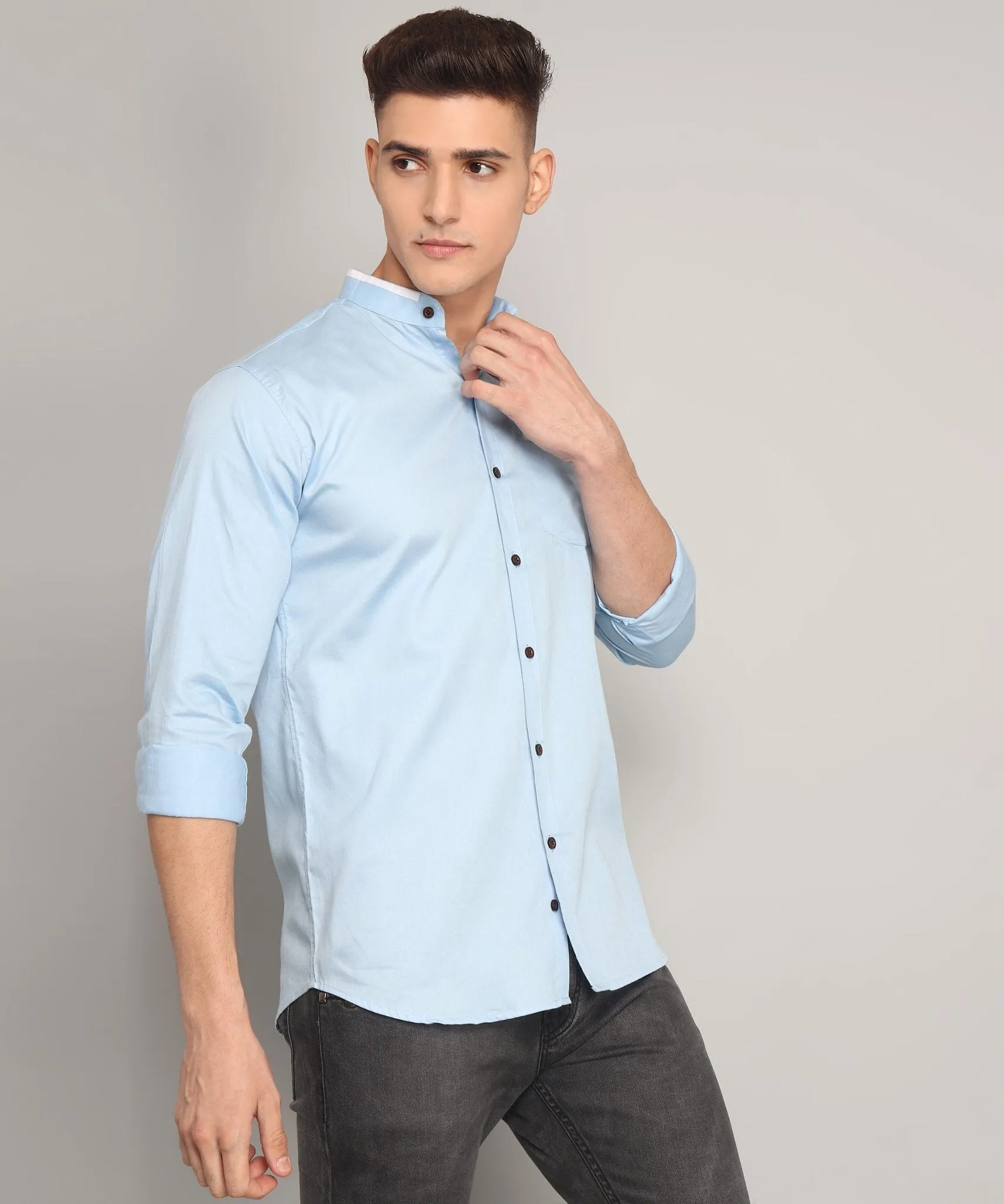 TryBuy Premium Fashionable Full Sleeves Mandarin Collar Sky Blue Cotton Button-Up Shirt for Men