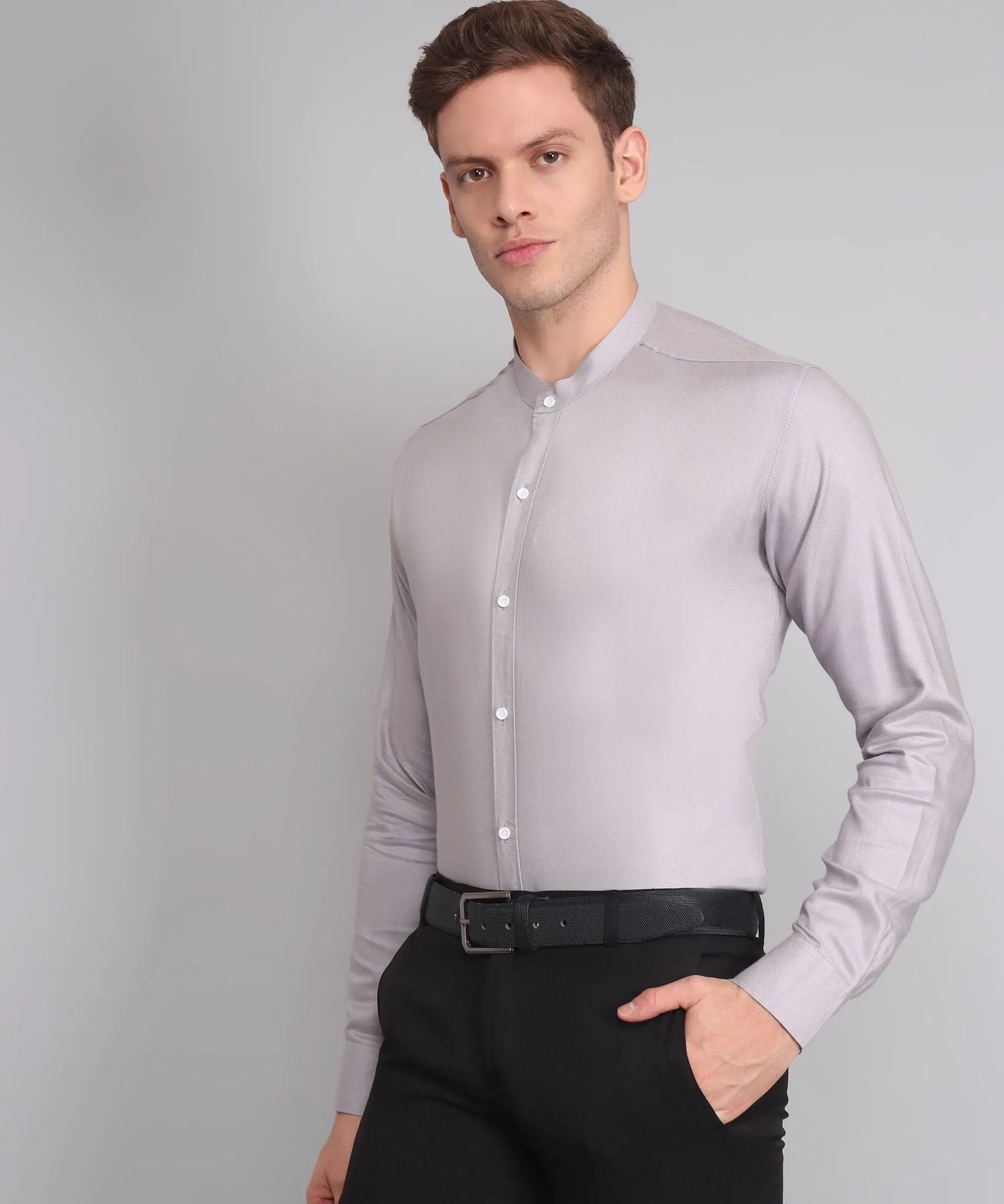 TryBuy Premium Luxurious Full Sleeves Mandarin Collar Silver Cotton Button-Up Shirt For Men